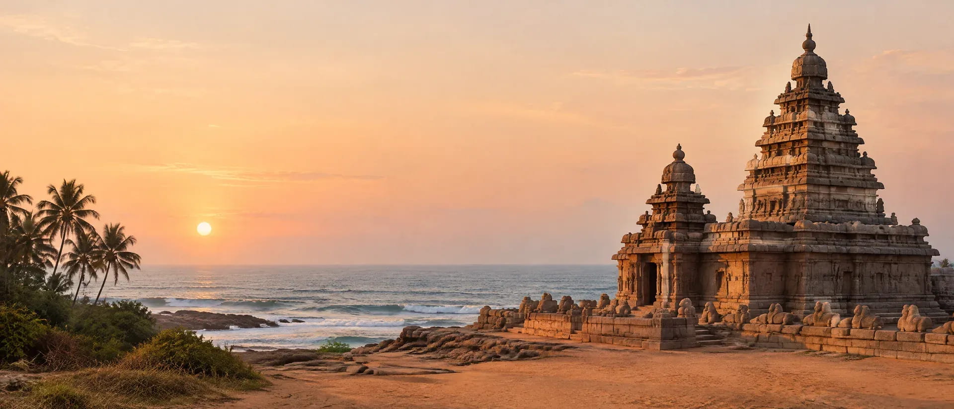 Illustrative South Indian coastal heritage landscape at sunrise