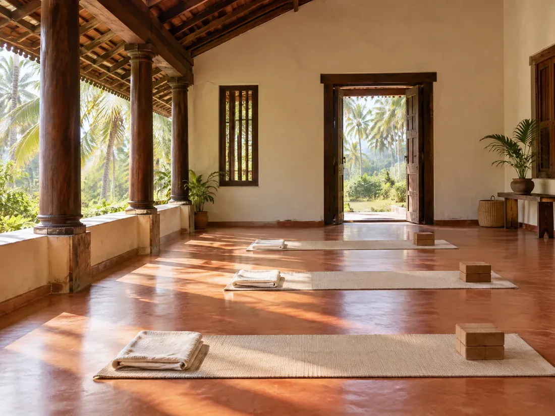 Illustrative quiet yoga-study veranda with mats and natural light